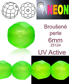 Korálky NEON (UV Active) BROUŠENÉ velikost pr.6mm barva 25124 ZELENÁ mírně průhledná. Balení 21Ks. 