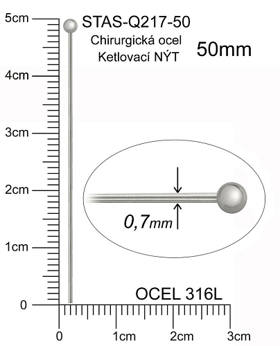 Ketlovací NÝT s KULIČKOU CHIRURGICKÁ OCEL ozn.-STAS-Q217-50. velikost 50mm.Průměr drátu 0,7mm