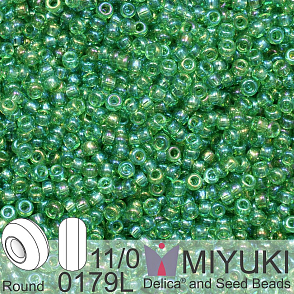 Korálky Miyuki Round 11/0. Barva 0179L Transparent Light Green AB. Balení 5g.