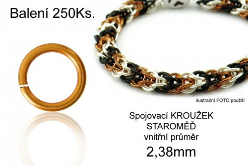 Spojovací KROUŽEK balení. Průměr vnitřní 2,38mm. Tl.0,8mm. Balení 250ks. Barva MĚDĚNÁ. 