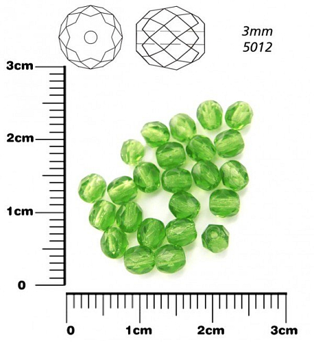 Korálky BROUŠENÉ 3mm. Barva 5012, Průhledná zelená . Balení 150Ks.