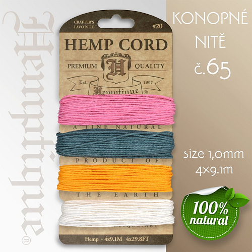 Konopná nit HEMP CORD síla nitě 1,0mm. Balení 4x9,1m. Barva č.65 Spring