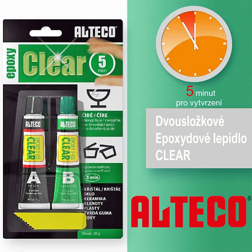 Lepidlo ALTECO CLEAR epoxy. Vhodné k lepení SKLO +KOV (krystalicky čiré barvy). Balení 10+10g. Vytvrzení 5min.