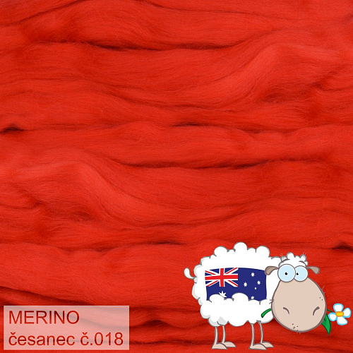 Česanec australské merino (20-21 - mikronů), vlna na plstění a předení. Barva 018 OHNIVĚ ČERVENÁ. Balení 20g