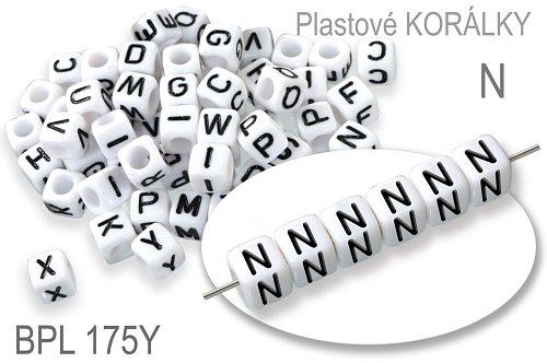 Korálky plastové KOSTIČKA. Písmeno N.  Velikost 6,0x6,0mm. Ozn. BPL 175Y. Balení 10Ks. 