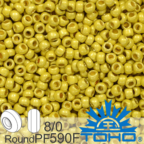 Korálky TOHO tvar ROUND (kulaté). Velikost 8/0. Barva PF590F Permafinish - Matte Galvanized Yellow Gold. Balení 10g.