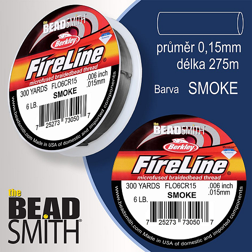 FIRELINE Berkley profesionální splétaná šnůra z polyethylenových vláken. Průměr 0,15mm, zátěž (6lb) 2,7Kg, balení (300yards) 275m, barva SMOKE