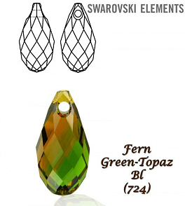 Swarovski 6010 Briolette Pendant 11x5,5mm. Barva FERN GREEN -TOPAZ BL.