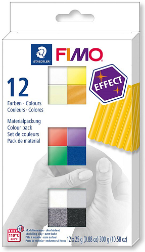 FIMO Effect v balení 12 barevných bloků FIMO po 25g.