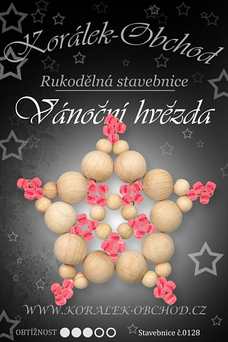 STAVEBNICE Vánoční HVĚZDY číslo 128. Stavebnice z dřevěných korálků v přírodní a růžové barvy obsahuje materiál na 3Ks VÁNOČNÍCH HVĚZD.