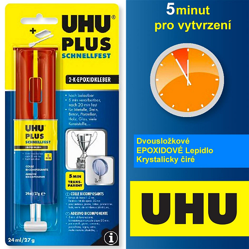 Lepidlo epoxidové UHU PLUS Schnellfest. Vhodné k lepení SKLO +KOV (průhledné barvy). Balení 24ml. Vytvrzení 5min.