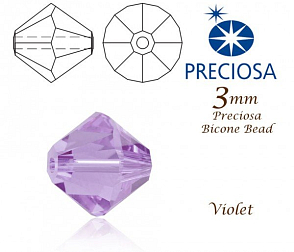 PRECIOSA Bicone (sluníčko) velikost 3mm. Barva VIOLET. Balení 42ks 