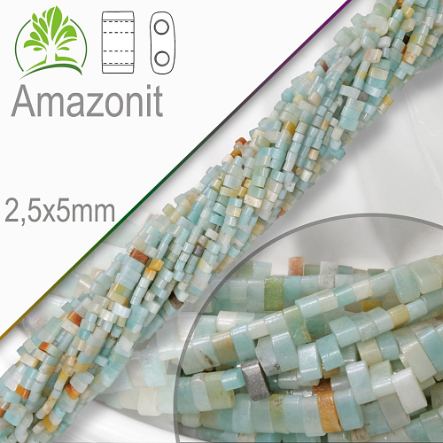 Minerální korálky tvarované Amazonit. Velikost 2,5x5mm obdelníkové korálky s dvěma otvory. Balení 10Ks