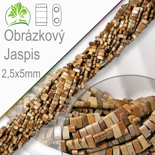 Minerální korálky tvarované Obrázkový Jaspis. Velikost 2,5x5mm obdelníkové korálky s dvěma otvory. Balení 10Ks