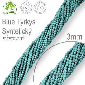 Korálky z minerálů Blue Tyrkys Syntetický Fazetovaný polodrahokam. Velikost pr.3mm. Balení 130Ks.