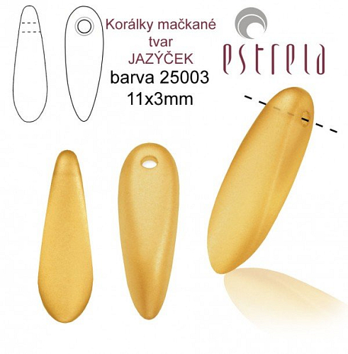 Korálky mačkané tvar JAZÝČEK. Velikost 11x3mm. Barva voskovaná ČAJOVÁ 25003. Balení 30Ks.