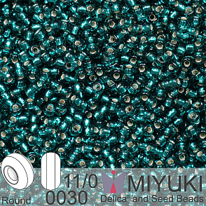 Korálky Miyuki Round 11/0. Barva 0030 Silverlined Transparent Dark Teal. Balení 5g.