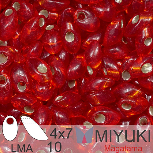 Korálky MIYUKI tvar Long MAGATAMA velikost 4x7mm. Barva LMA-10 Silverlined Flame Red. Balení 5g.