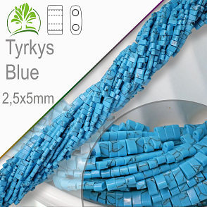 Minerální korálky tvarované Tyrkys Blue. Velikost 2,5x5mm obdelníkové korálky s dvěma otvory. Balení 20Ks