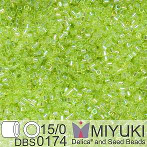 Korálky Miyuki Delica 15/0. Barva DBS 0174 Transparent Chartreuse AB. Balení 2g.