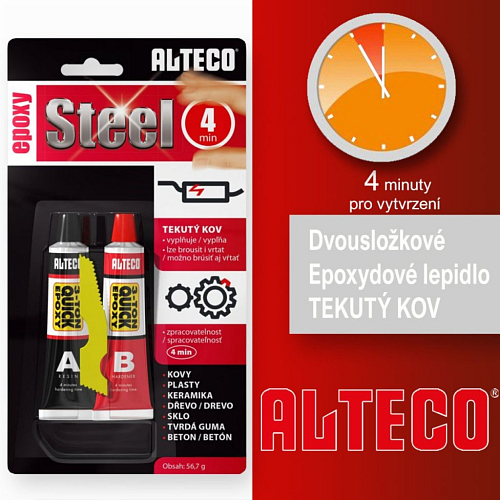 Lepidlo ALTECO EPOXY Steel 4min. Tekutý kov vyplňuje, lze brousit i vrtat. Balení 56,7g. Vytvrzení 4min.