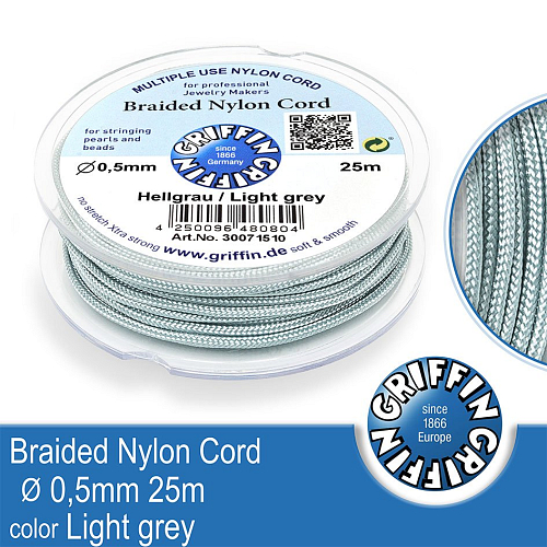 Braided NYLON (splétaná nit na náramky) GRIFFIN síla nitě 0,5mm cívka 25m. Barva Light grey