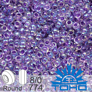 Korálky TOHO tvar ROUND (kulaté). Velikost 8/0. Barva č. 774-Inside-Color Rainbow Crystal/Grape Lined. Balení 10g.