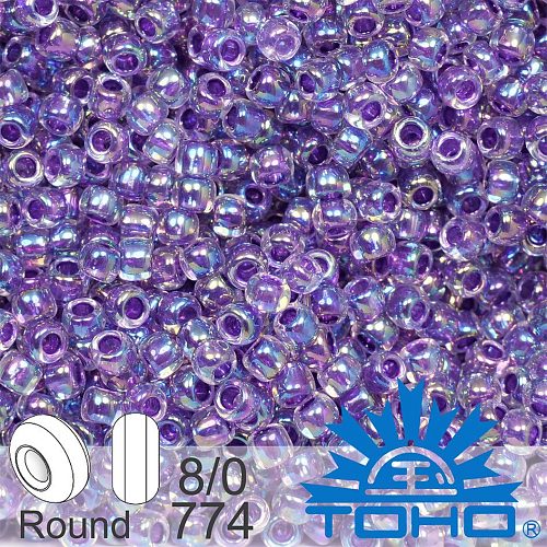 Korálky TOHO tvar ROUND (kulaté). Velikost 8/0. Barva č. 774-Inside-Color Rainbow Crystal/Grape Lined. Balení 10g.