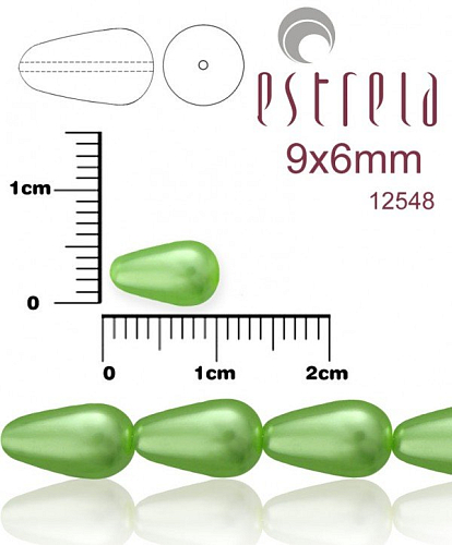 VOSKOVANÉ korále tvar kapka. Velikost 9x6mm. Barva 12548 (zelená). Balení 10ks na návleku. 