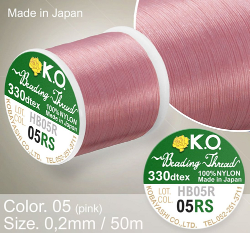 Nylonová nit značky K.O. Barva č. 05 pink. Materiál 330DTEX (0,2mm). Balení 50m.