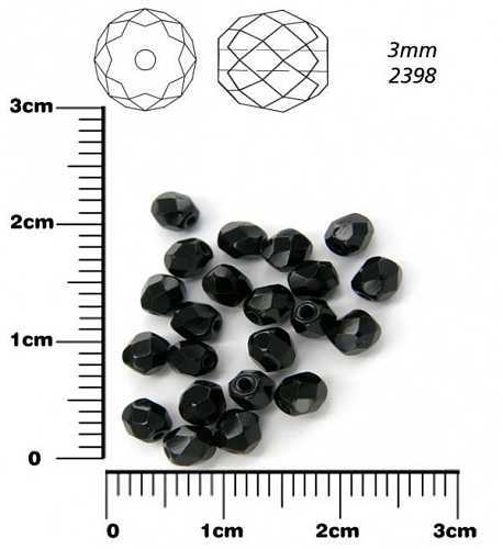 Korálky BROUŠENÉ 3mm. Barva 2398, Neprůhledná černá. Balení 150Ks.