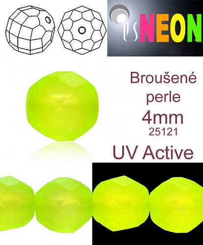 Korálky NEON (UV Active) BROUŠENÉ velikost pr.4mm barva 25121 ŽLUTÁ mírně průhledná. Balení 31Ks. 