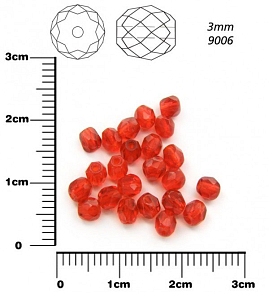 Korálky BROUŠENÉ 3mm. Barva 9006, Průhledná červená . Balení 150Ks.