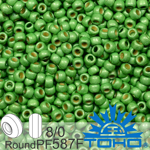 Korálky TOHO tvar ROUND (kulaté). Velikost 8/0. Barva PF587F Permafinish - Matte Galvanized Green Apple. Balení 10g.