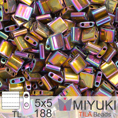 Korálky MIYUKI tvar TILA BEADS velikost 5x5mm. Barva TL 188 Metallic Purple Gold Iris. Balení 5g.