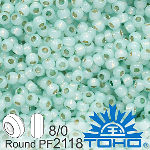 Korálky TOHO tvar ROUND (kulaté). Velikost 8/0. Barva č.PF2118 PermaFinish - Translucent Silver-Lined Lt Peridot.. Balení 10g.