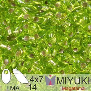 Korálky MIYUKI tvar Long MAGATAMA velikost 4x7mm. Barva LMA-14 Silverlined Chartreuse. Balení 5g.