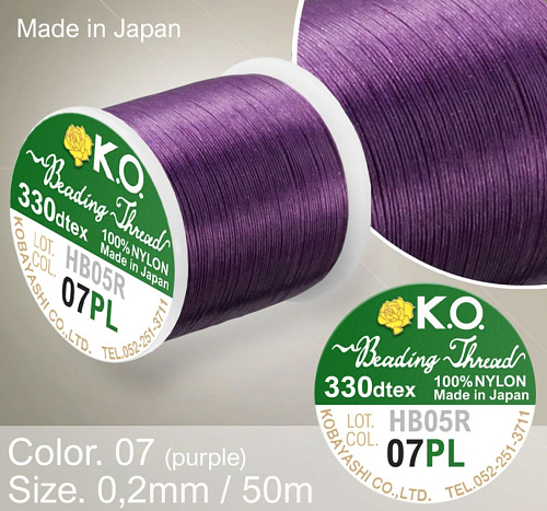 Nylonová nit značky K.O. Barva č. 07 purple. Materiál 330DTEX (0,2mm). Balení 50m.