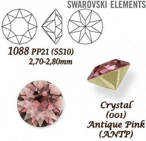 SWAROVSKI ELEMENTS 1088 XIRIUS Chaton PP21 (SS10)  2,70-2,80mm barva CRYSTAL (001) ANTIQUE PINK (ANTP). 