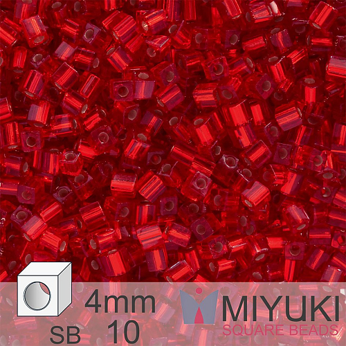 Korálky Miyuki SQUARE Beads 4mm. Barva Silverlined Flame Red SB10. Balení 5g.