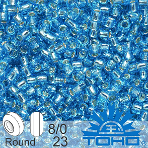 Korálky TOHO tvar ROUND (kulaté). Velikost 8/0. Barva č. 23-Silver-Lined Aquamarine . Balení 10g.