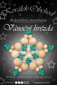 STAVEBNICE Vánoční HVĚZDY číslo 127. Stavebnice z dřevěných korálků v přírodní a smaragdové barvy obsahuje materiál na 3Ks VÁNOČNÍCH HVĚZD.