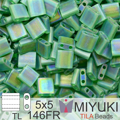 Korálky MIYUKI tvar TILA BEADS velikost 5x5mm. Barva TL-146FR Matte Transparent Green AB. Balení 5g.