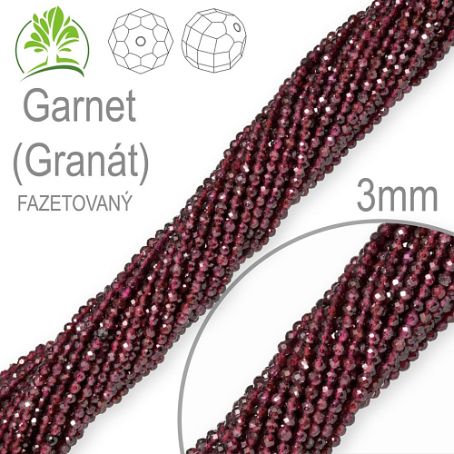 Korálky z minerálů Garnet (Granát) Fazetovaný polodrahokam. Velikost pr.3mm. Balení 120Ks. 