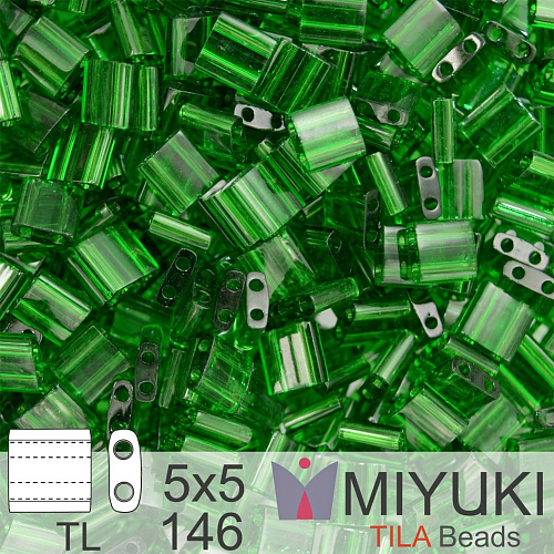 Korálky MIYUKI tvar TILA BEADS velikost 5x5mm. Barva TL-146 Transparent GREEN. Balení 5g.