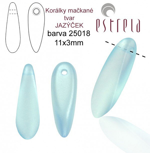 Korálky mačkané tvar JAZÝČEK. Velikost 11x3mm. Barva voskovaná MODRÁ AZUROVÁ světlá 25018. Balení 30Ks.