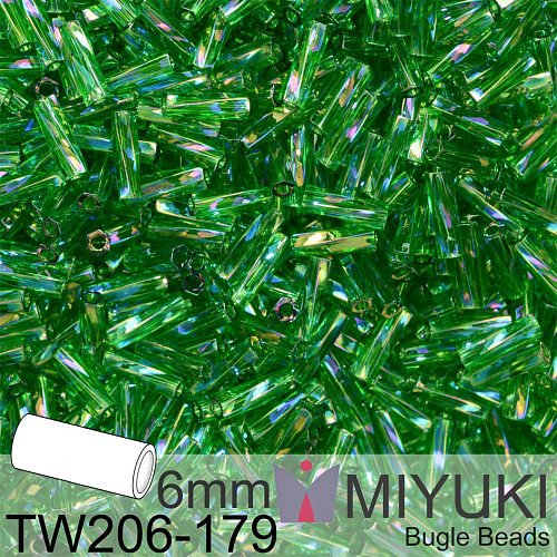 Korálky Miyuki Twisted Bugle 6mm. Barva TW206-179 Twisted Bugle Bead Transparent Green AB. Balení 10g.