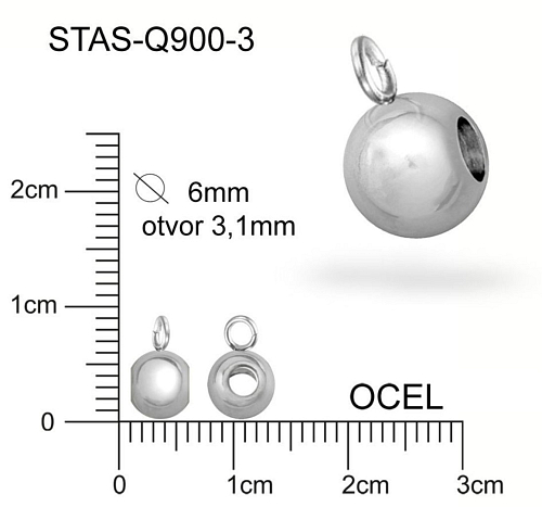 Korálek s OČKEM  CHIRURGICKÁ OCEL ozn.-STAS-Q900-3. velikost pr.6,0mm (korálek)  otvor v korálku 3,1mm. Kroužek je nedělený.