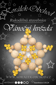 STAVEBNICE Vánoční HVĚZDY číslo 124. Stavebnice z dřevěných korálků v přírodní a zlaté barvě obsahuje materiál na 3Ks VÁNOČNÍCH HVĚZD.