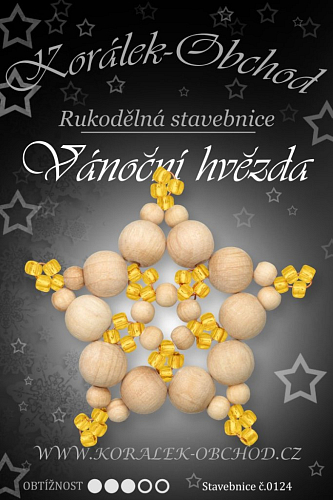 STAVEBNICE Vánoční HVĚZDY číslo 124. Stavebnice z dřevěných korálků v přírodní a zlaté barvě obsahuje materiál na 3Ks VÁNOČNÍCH HVĚZD.